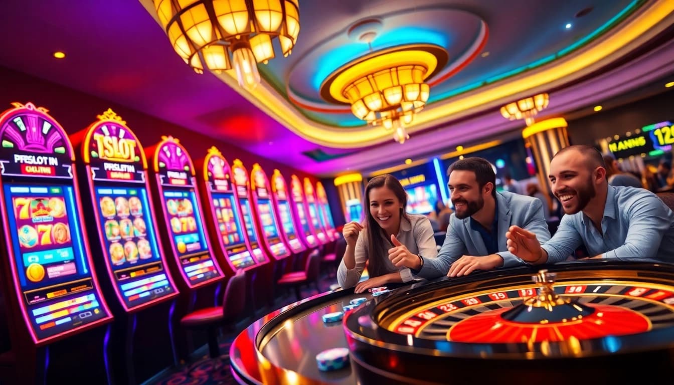 Experience the thrill of PGSLOT IN with vibrant slot machines and excited gamblers.