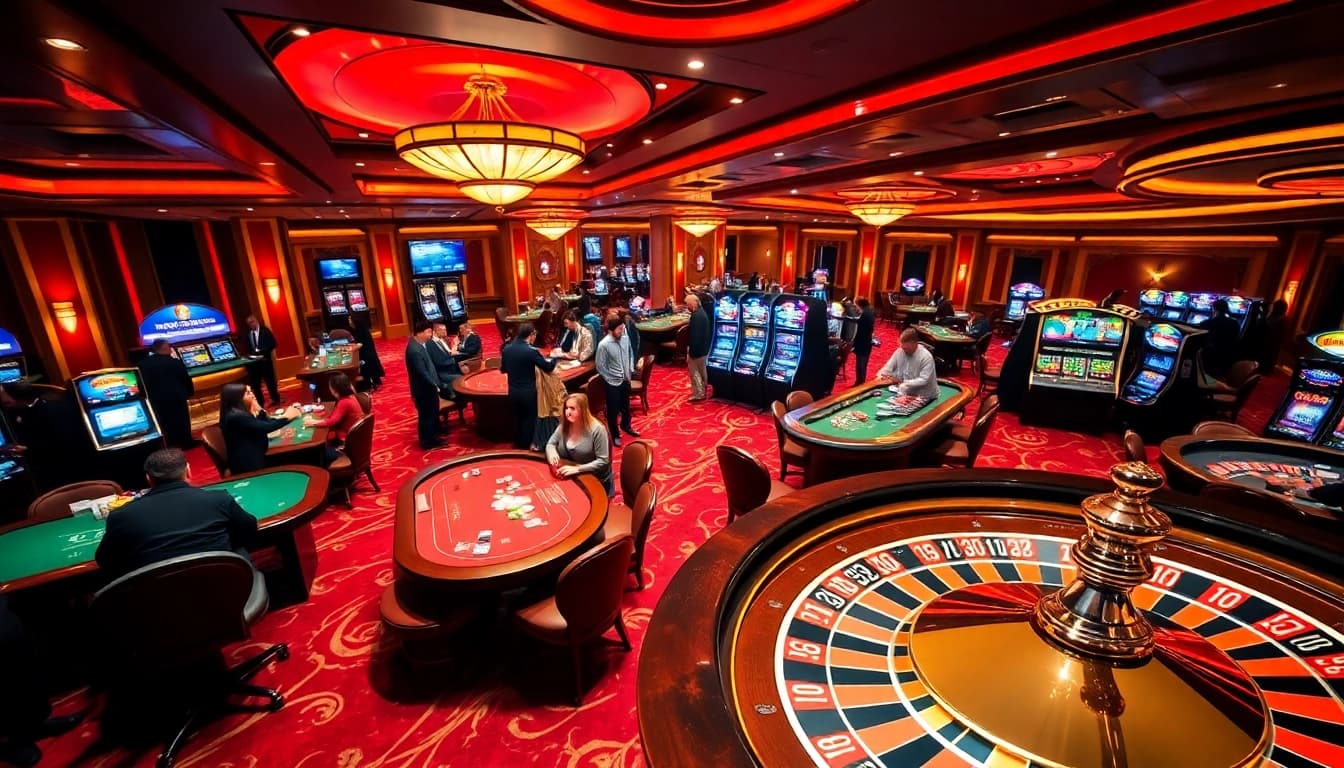 Exciting i9bet casino scene with players at poker tables, roulette, and vibrant slot machines.