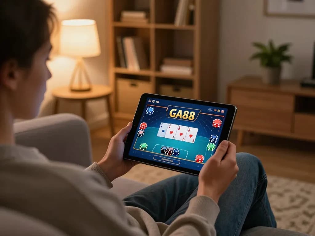 Engaging in GA88 poker gameplay on a tablet in a cozy home setting amidst ambient lighting.
