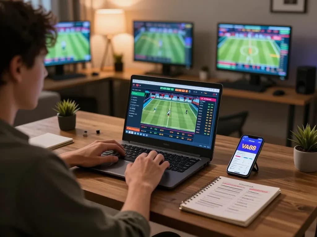Engage in online sports betting at VA88 with live odds and strategies visible on a sleek laptop.