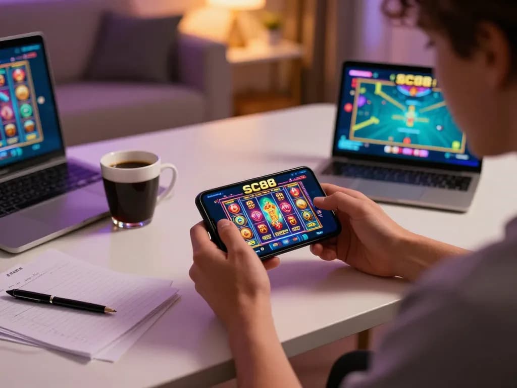 Gamer interacting with SC88 BET app showcasing vibrant slots game, cozy setting perfect for online betting.