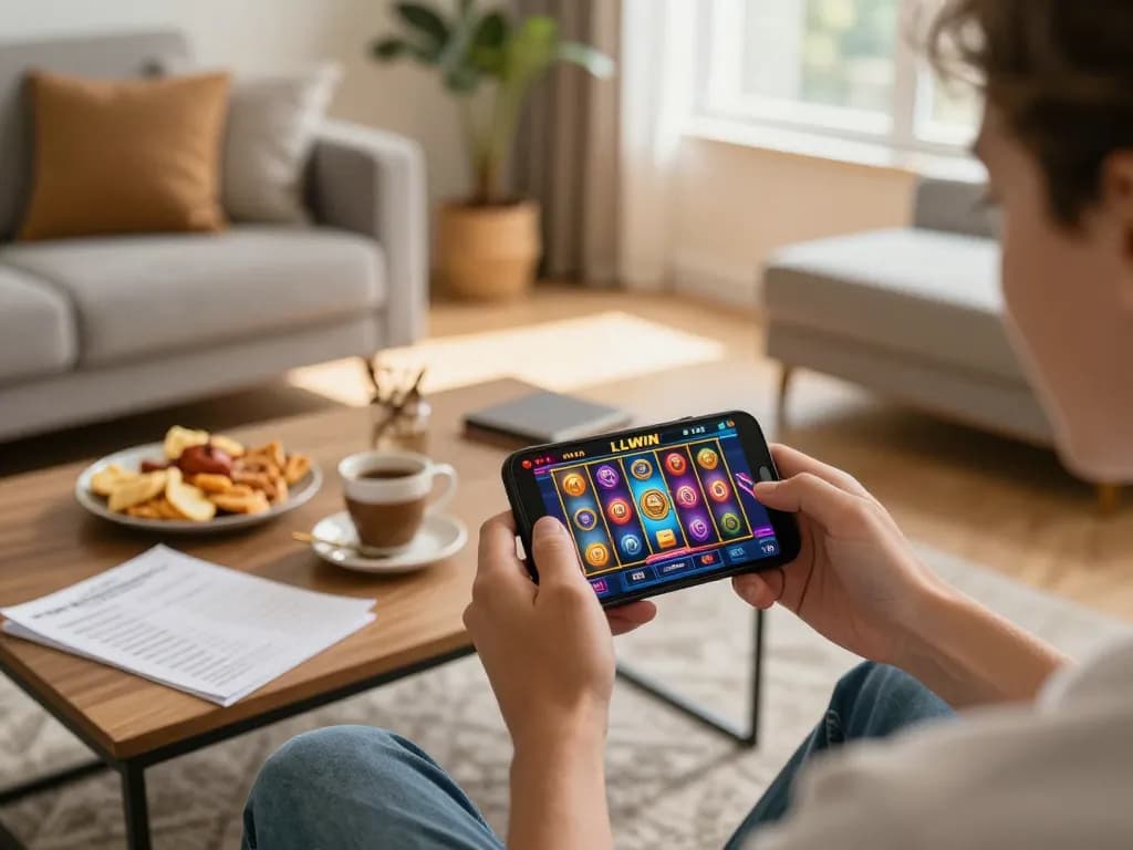 Engaging with the LLWIN casino app on a smartphone during a cozy gaming session.