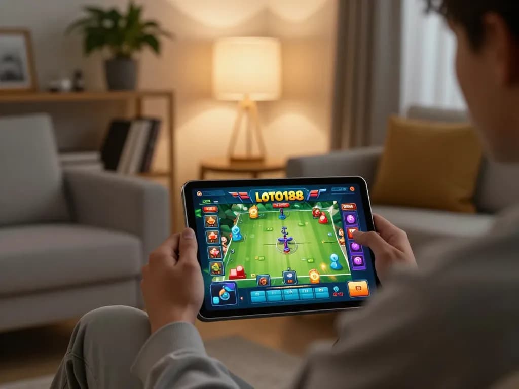 Engaged player enjoying loto188 gameplay on a tablet in a cozy home setting.
