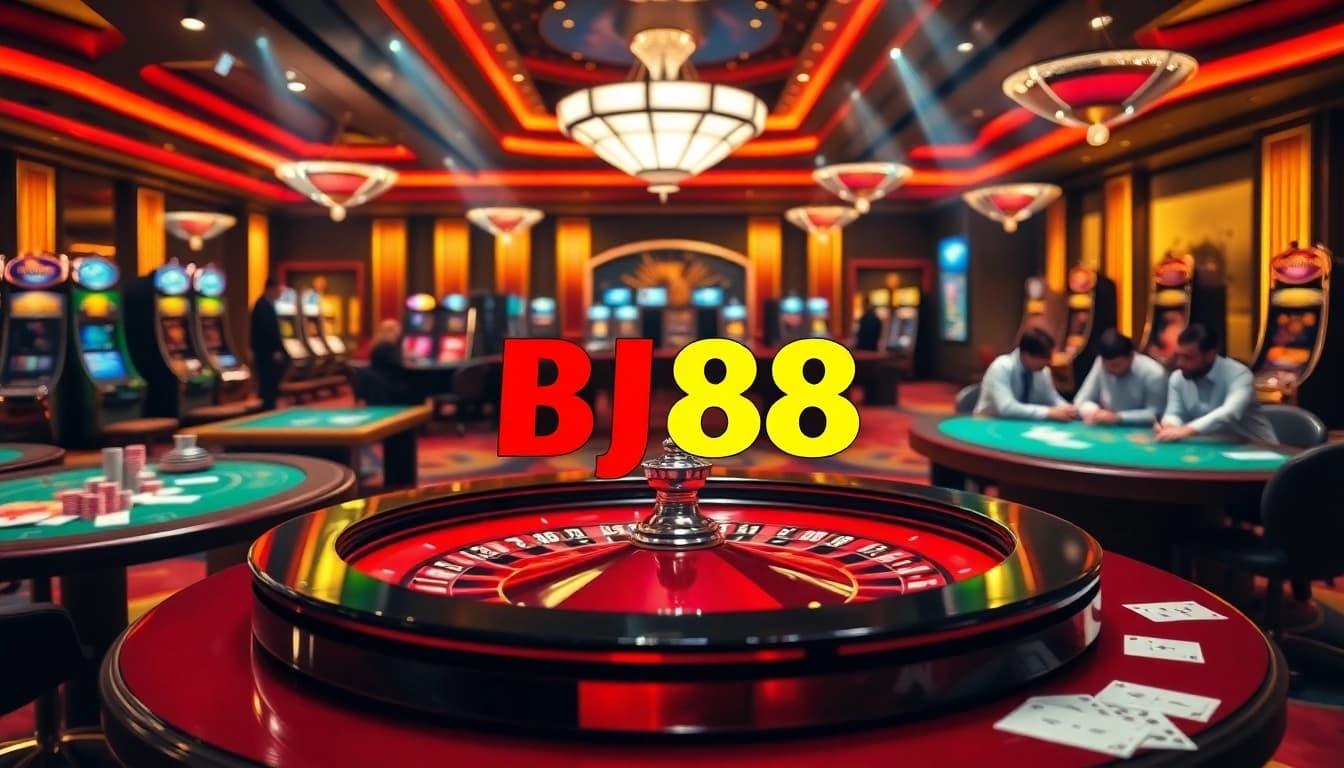 Experience the thrill of gambling at BJ88's lively casino scene featuring roulette and slot machines.