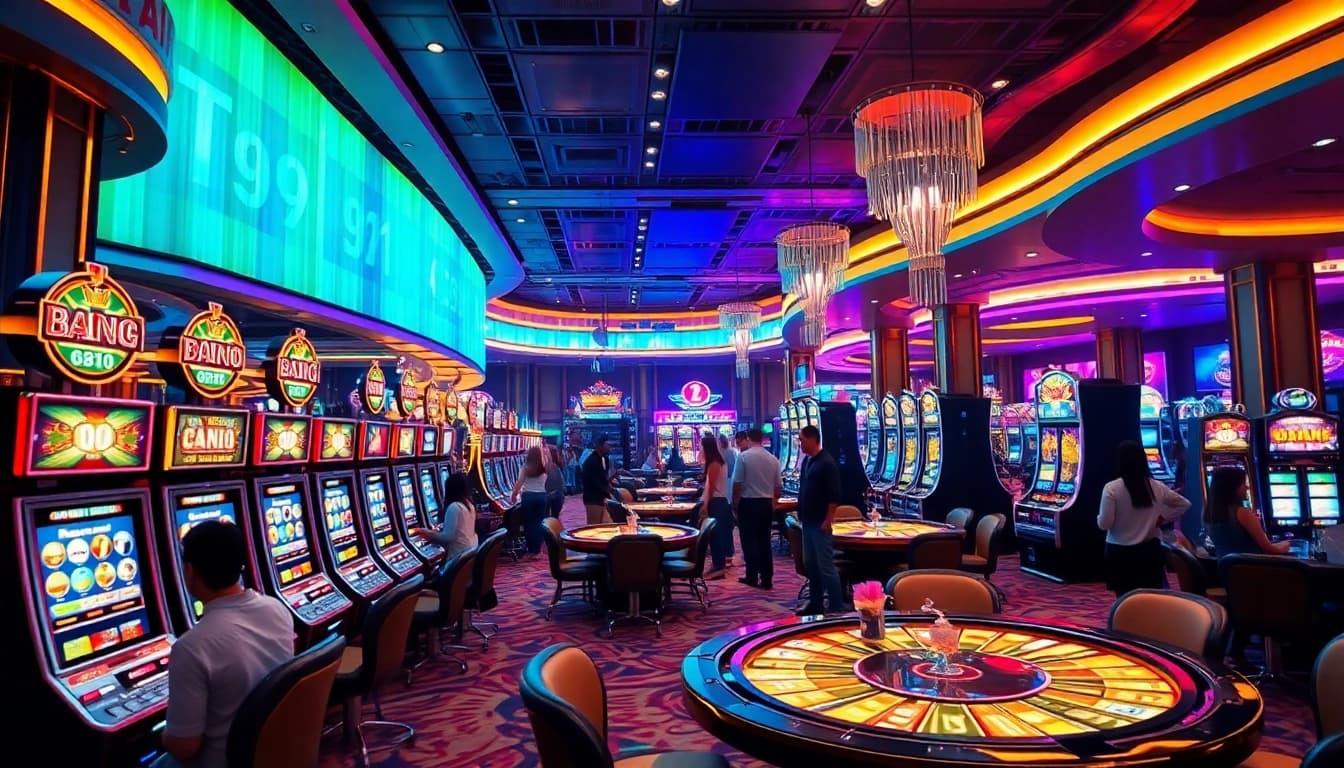 Experience the vibrant gaming atmosphere at AT99娛樂城, featuring exciting slot machines and lively players.