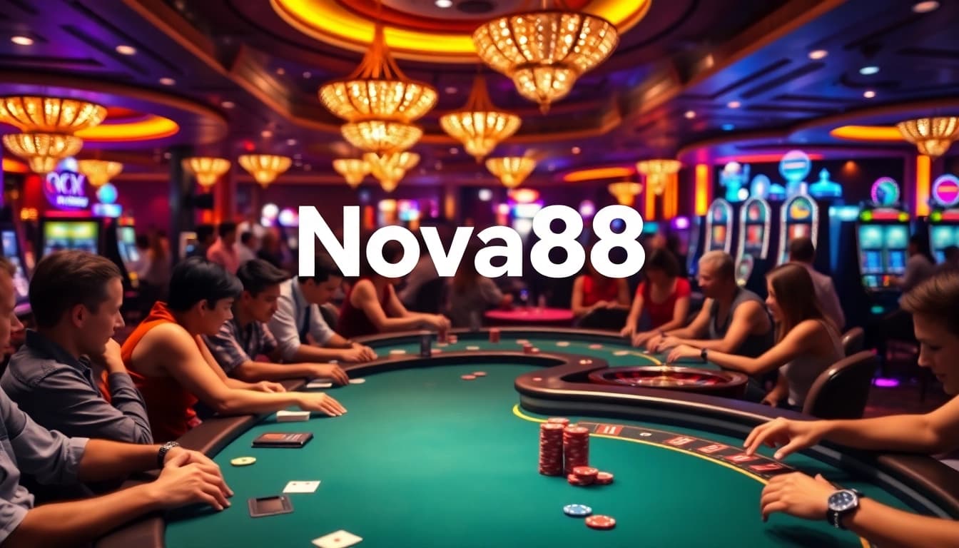 Experience the thrill of Nova88 casino with players enjoying games amid vibrant lights.