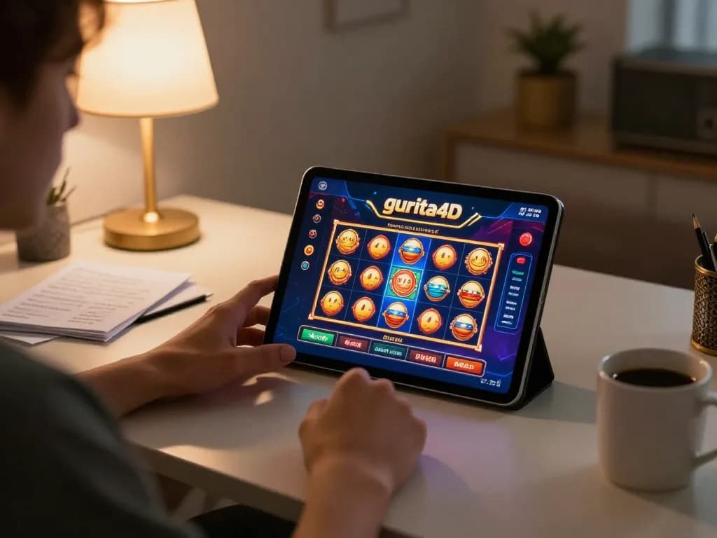 Engaged player exploring gurita4d online casino app on a tablet in a cozy home office.