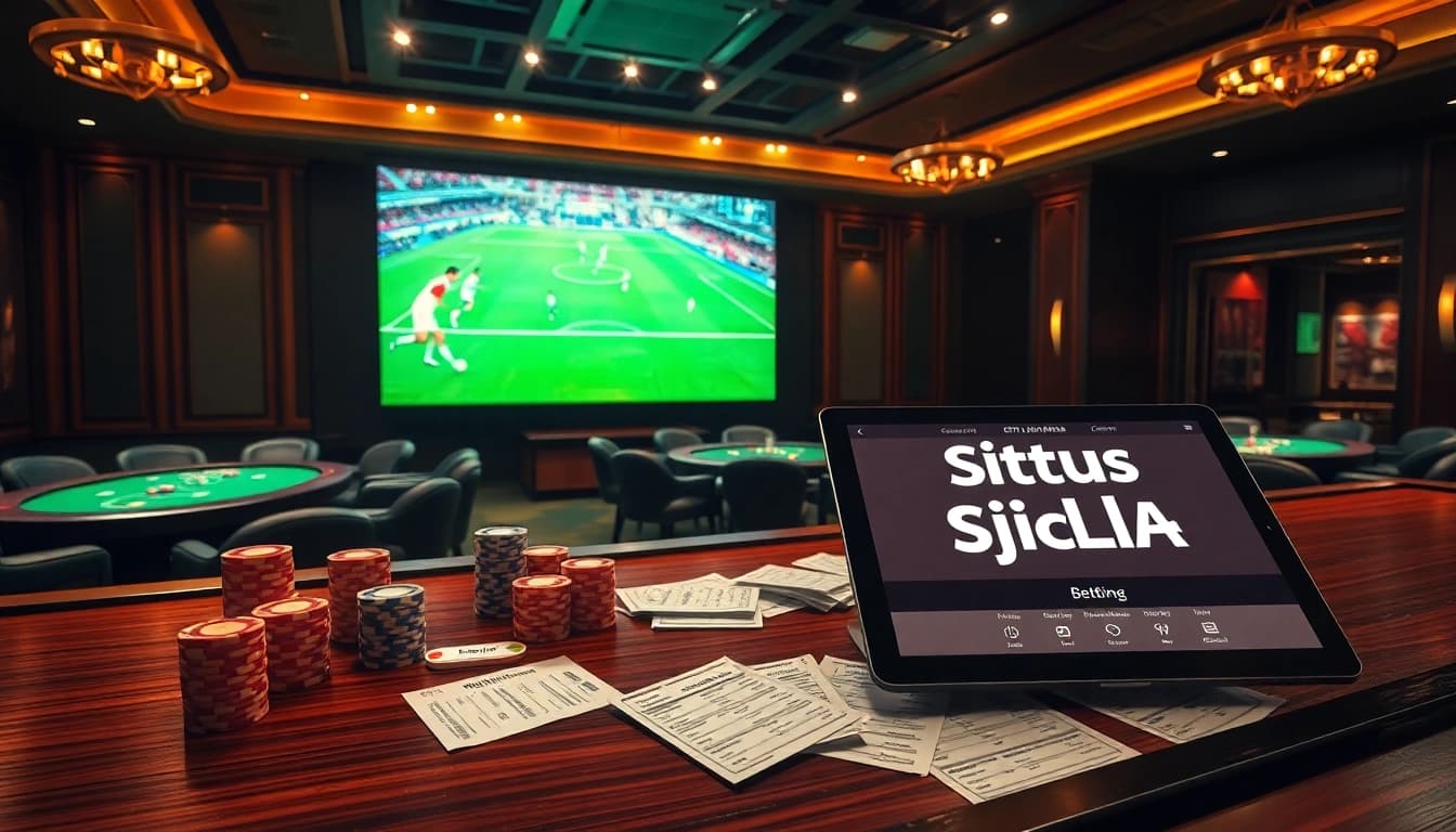 Situs Judi Bola betting slips and vibrant poker chips on a stylish casino table.