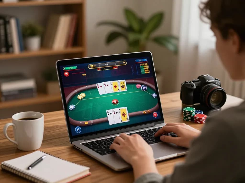 KONG88 player engaging in online poker while managing bets, cozy gaming setup highlights strategic gameplay