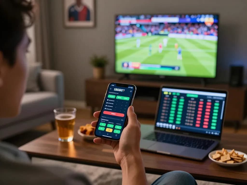 Pengguna SBOBET terlibat dalam taruhan olahraga sambil menganalisis odds di smartphone mereka di ruang tamu yang nyaman.