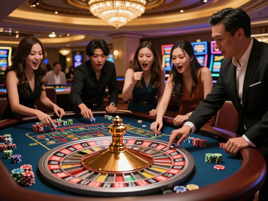 Players engaged at the HD88 roulette table, betting chips scattered and croupier spinning the wheel.