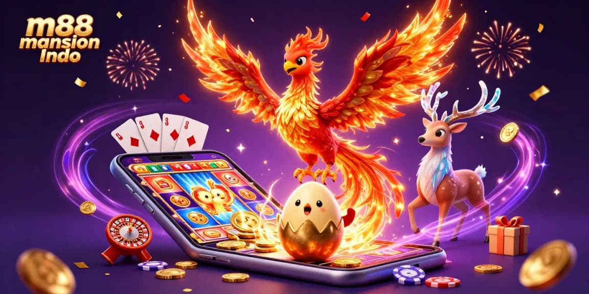 Berinteraksi dengan m88 mansion Indo saat seekor phoenix yang cerah menetas bersama elemen permainan slot yang mendebarkan.