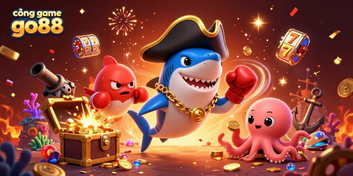 Engage with cổng game go88 featuring a dynamic illustration of a pirate shark, pufferfish, and octopus in a vibrant casino scene.