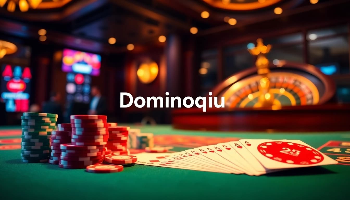 Experience the thrilling gameplay of Dominoqiu with vibrant poker chips and cards in a luxurious casino setting.