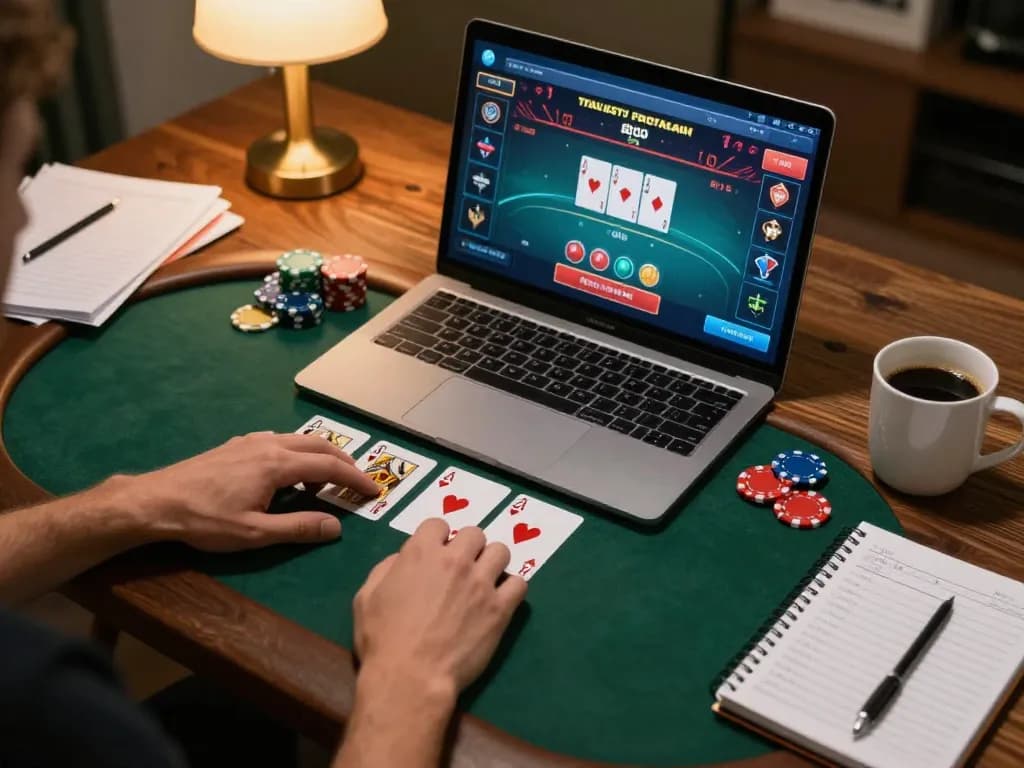 Pemain yang merencanakan strategi dalam permainan poker online di uxplora dengan laptop dan bahan taruhan