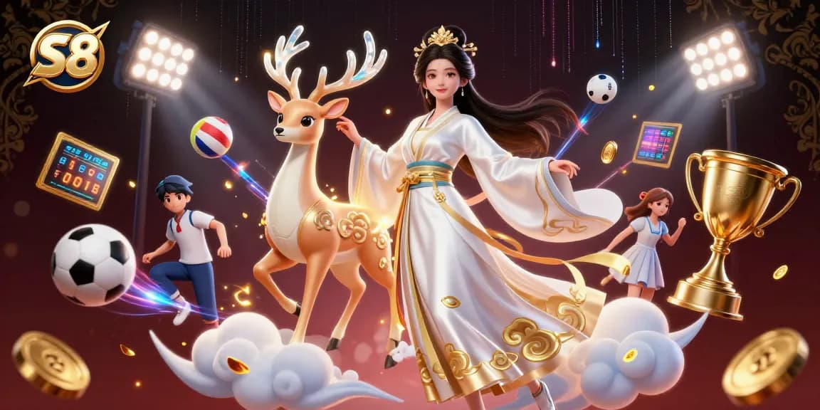 Experience the excitement of S8 Casino with a dynamic scene of a beautiful woman, celestial deer, and betting elements.