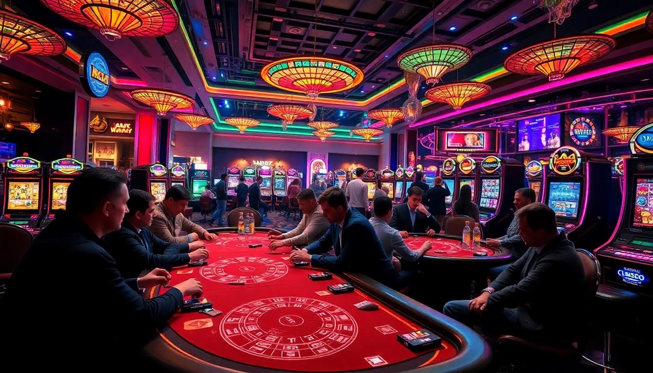 Experience the thrill of y3娱乐 in a dynamic casino scene featuring engaged players and vibrant gaming tables.