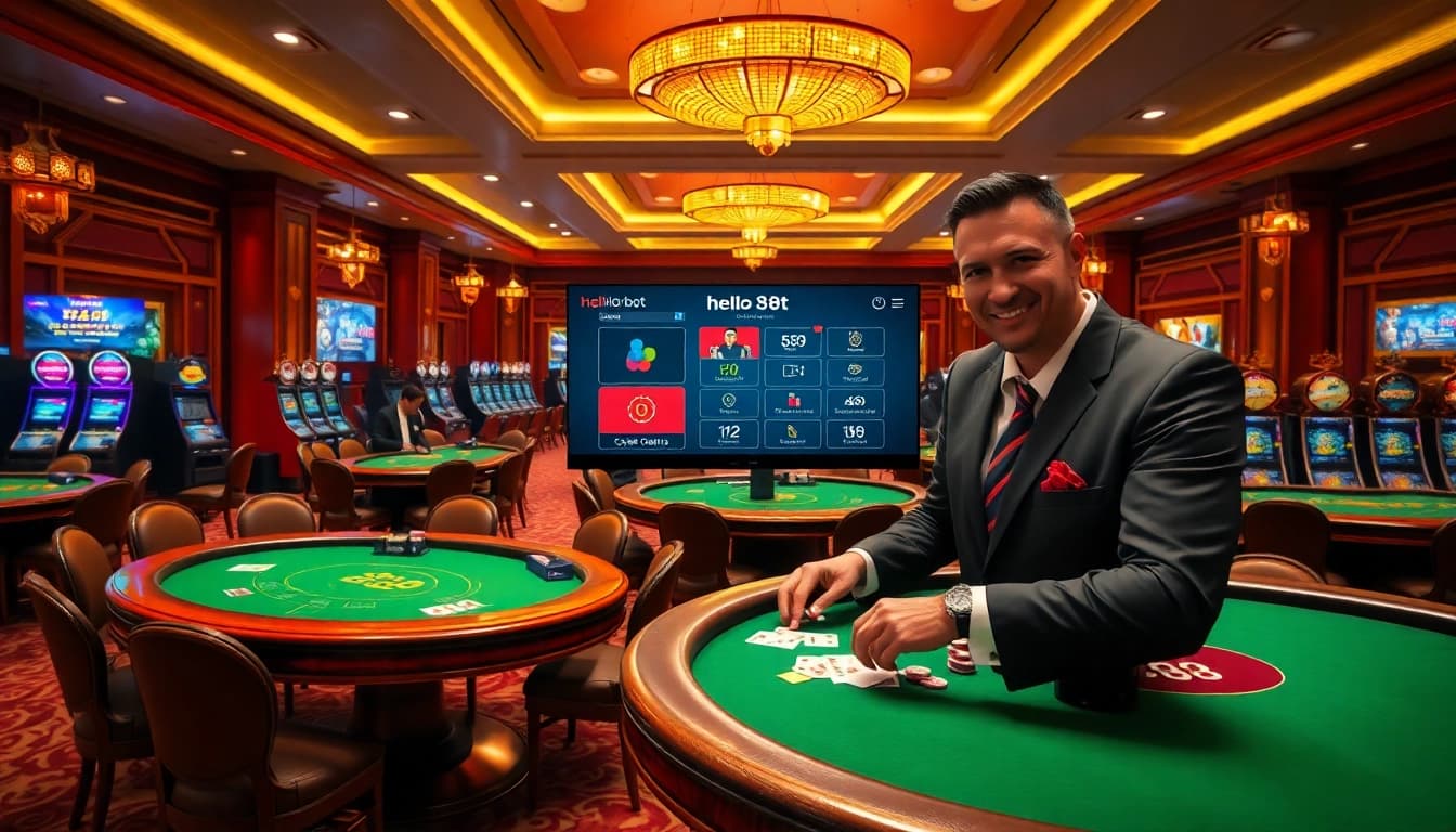 Engage with the hello88 bot in a vibrant casino environment, surrounded by poker tables and slot machines.