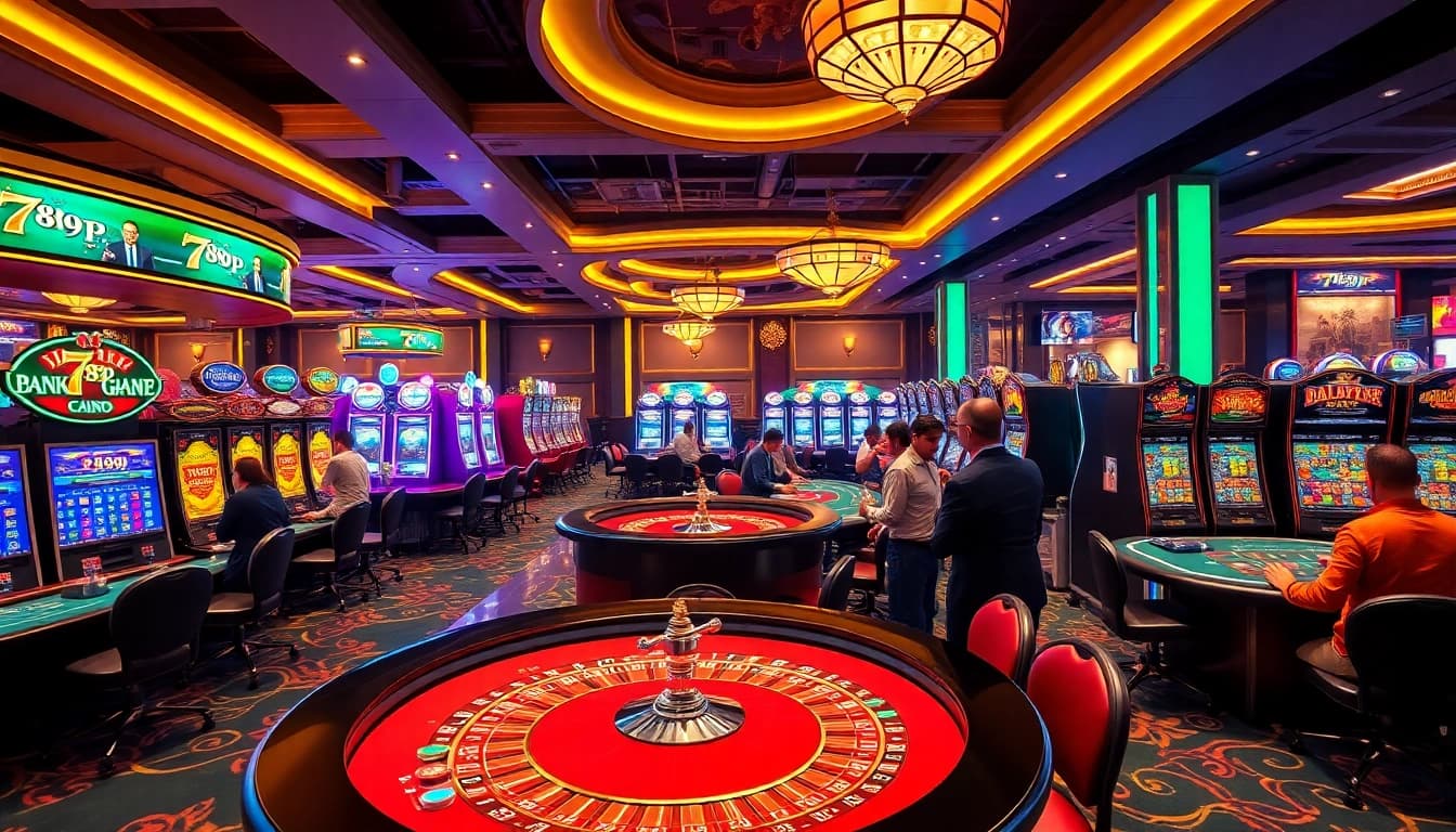 Experience the excitement of 789P with luxury casino tables and vibrant slot machines.