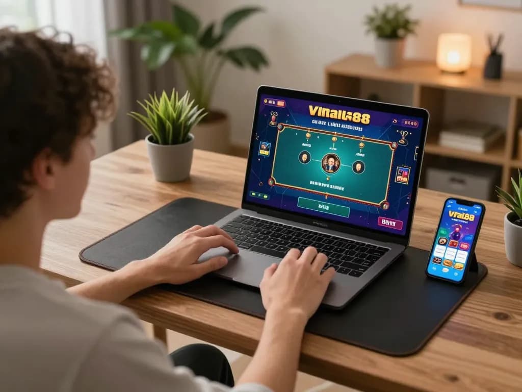 Engaging gameplay on viral88 app with a player at a stylish home desk.
