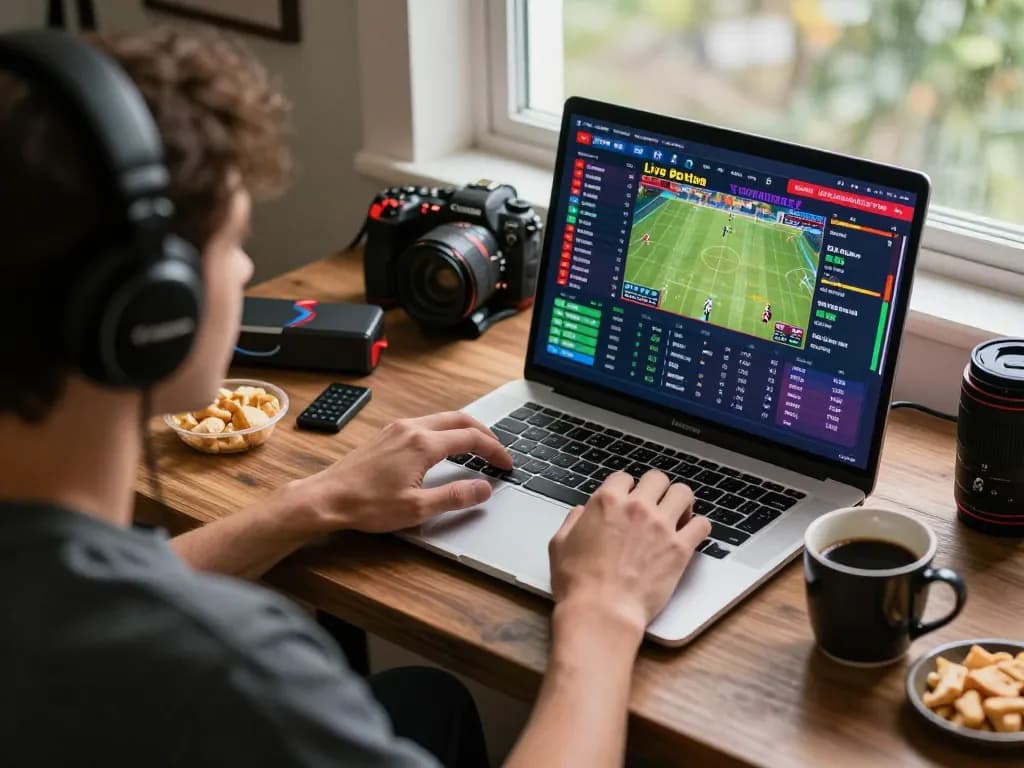 Dynamic home sports betting scene with an engaged player analyzing Đá gà thomo betting odds on a laptop