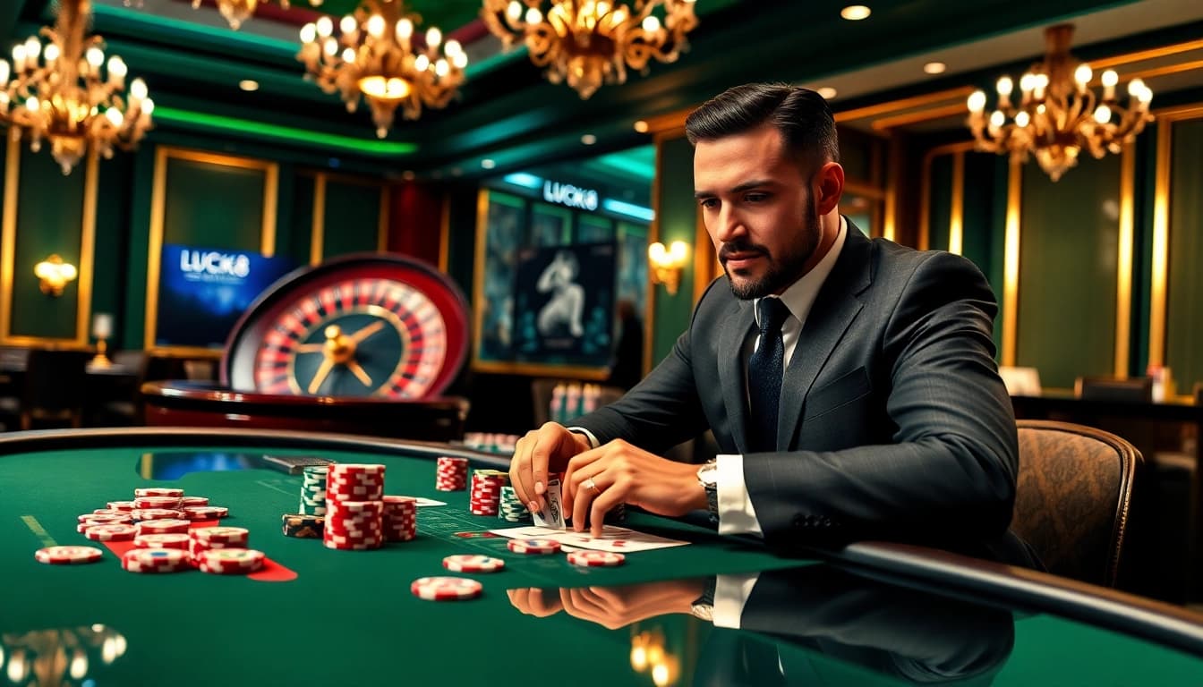 Experience high-stakes poker at LUCK8 casino with luxurious tables and premium chips.
