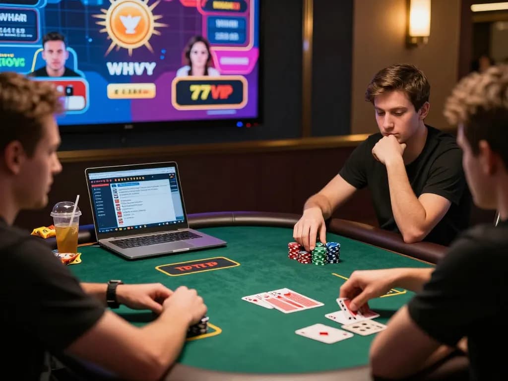 Players strategizing and placing bets at 777VIP's online poker table, showcasing engaging gameplay.
