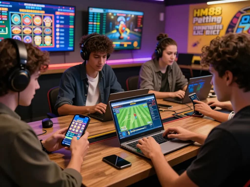Engaged players using HM88 for online betting, showcasing vibrant gaming interfaces and a community atmosphere.