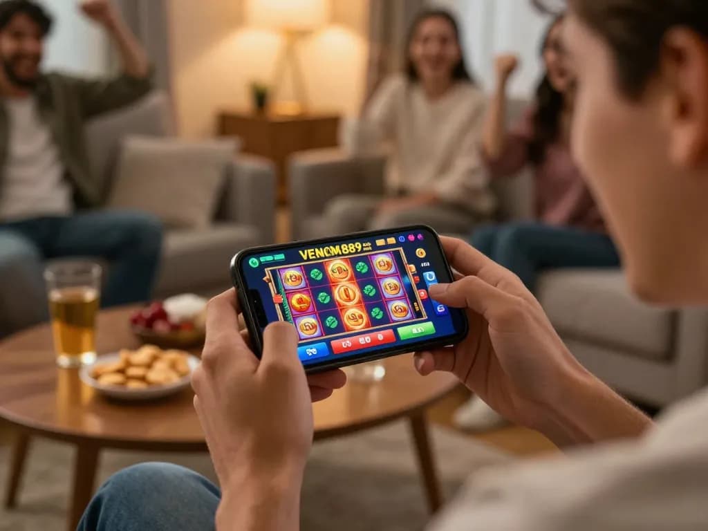 Engaging gameplay on the VENOM889 Alternatif app showcasing exciting slot games in a cozy home setting.