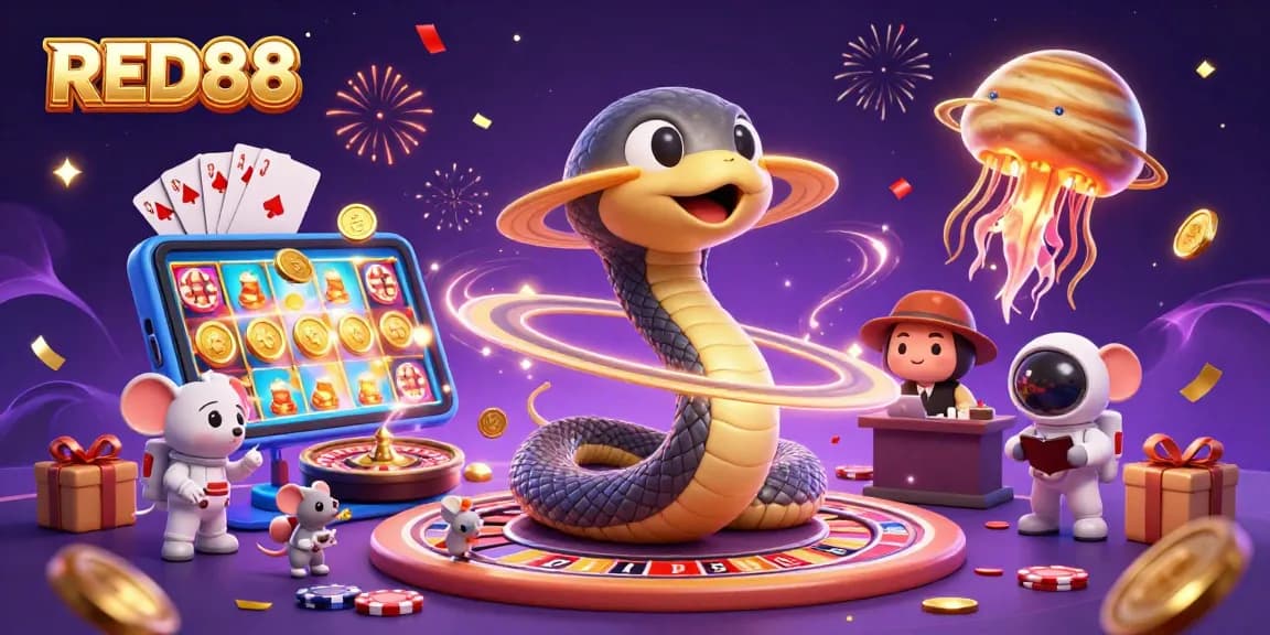 Place bets on exciting games with RED88's vibrant cosmic casino scene featuring roulette and slots.