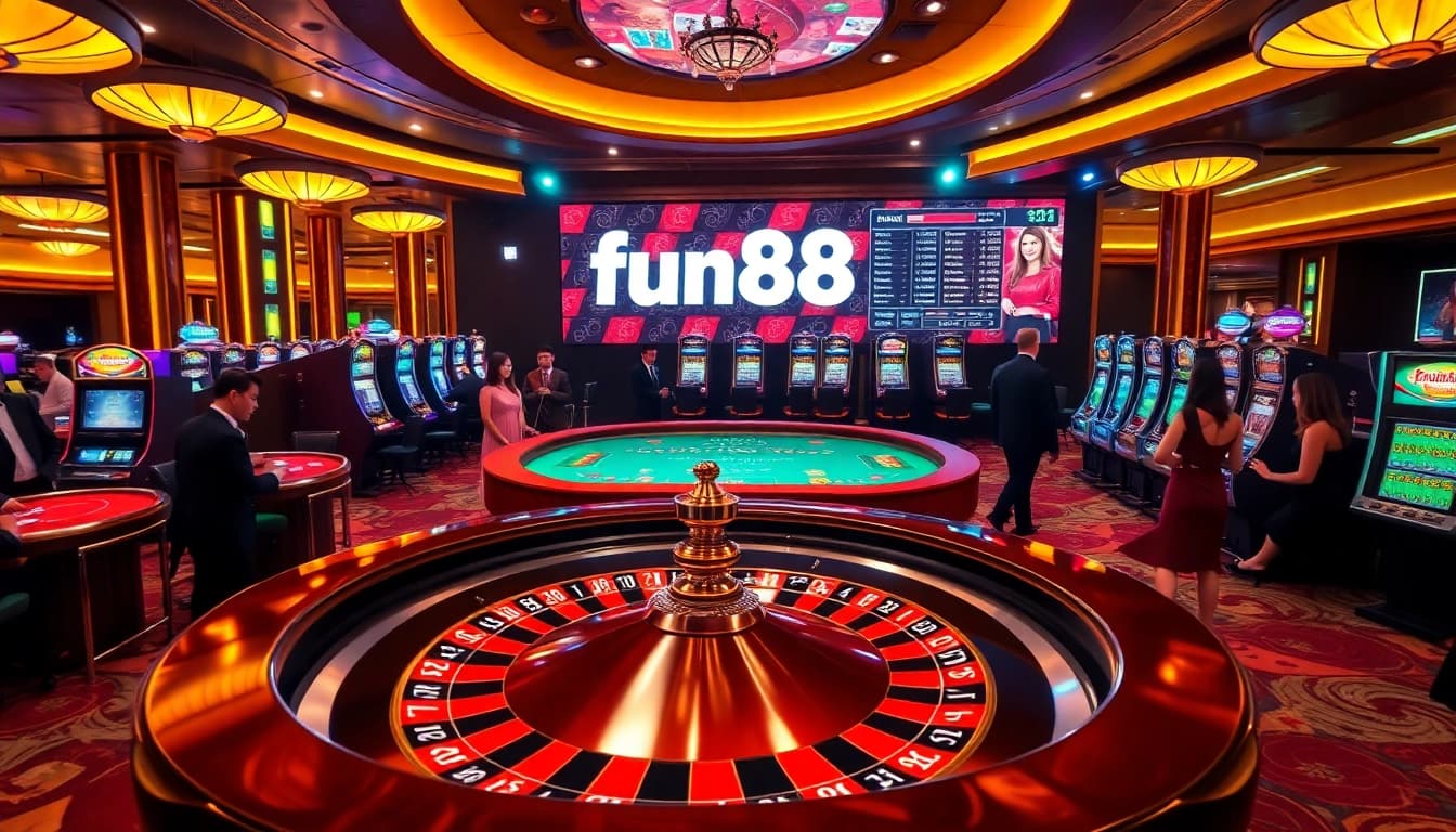 Players enjoying high-stakes roulette and slot games at fun88's luxurious casino.