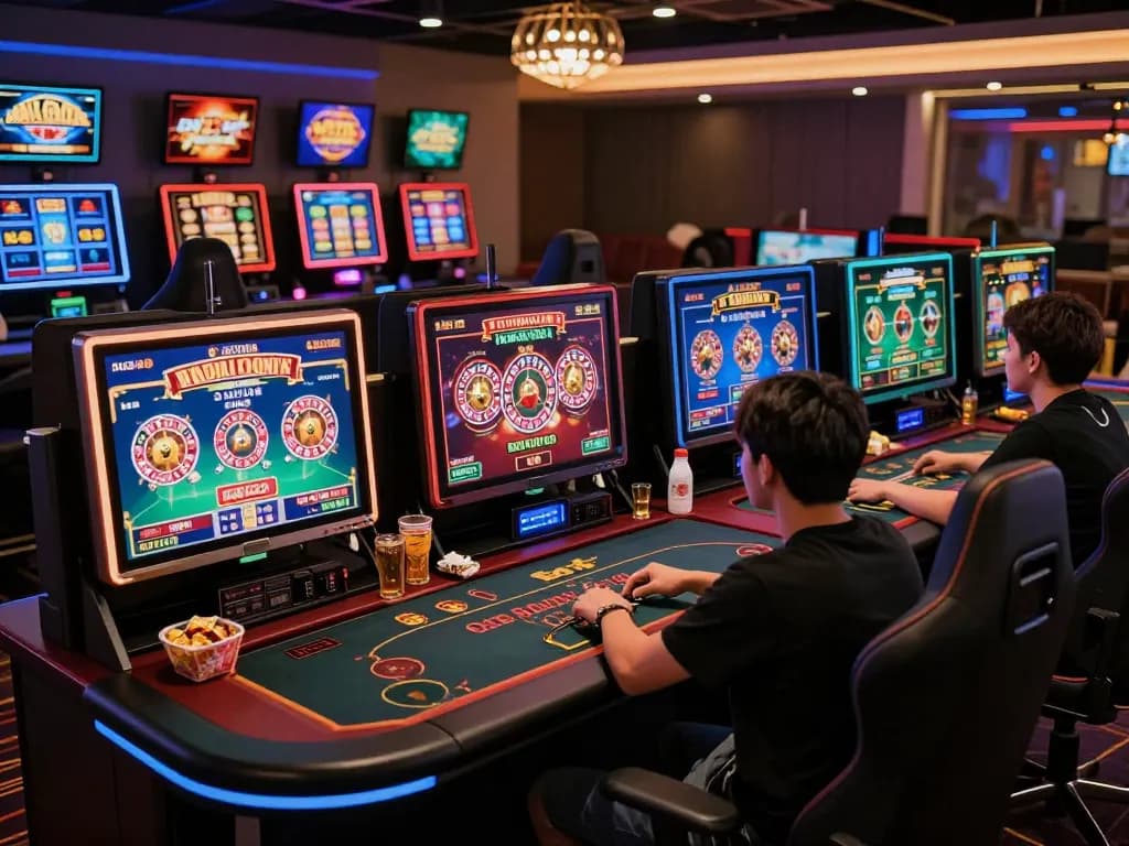 Pemain BOM88 menikmati permainan online dalam pengaturan bermain yang nyaman dan modern dengan beberapa layar.