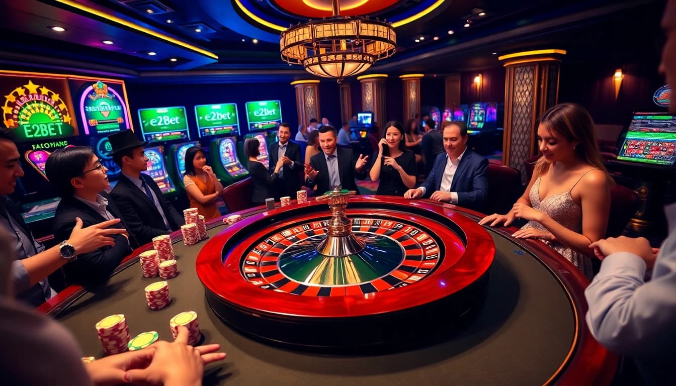 Exciting gameplay at e2bet casino with roulette table, poker chips, and immersive betting experience.