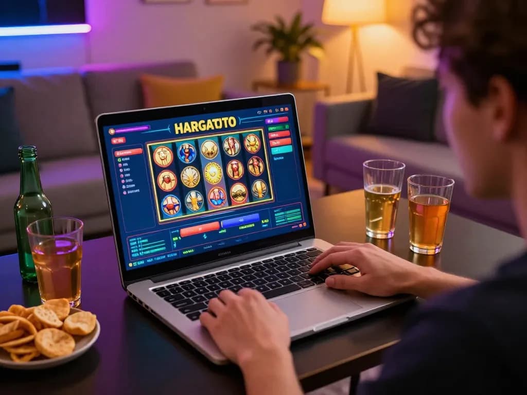 Sesi permainan online HARGATOTO yang menarik dengan pemain memasang taruhan pada antarmuka slot yang hidup.