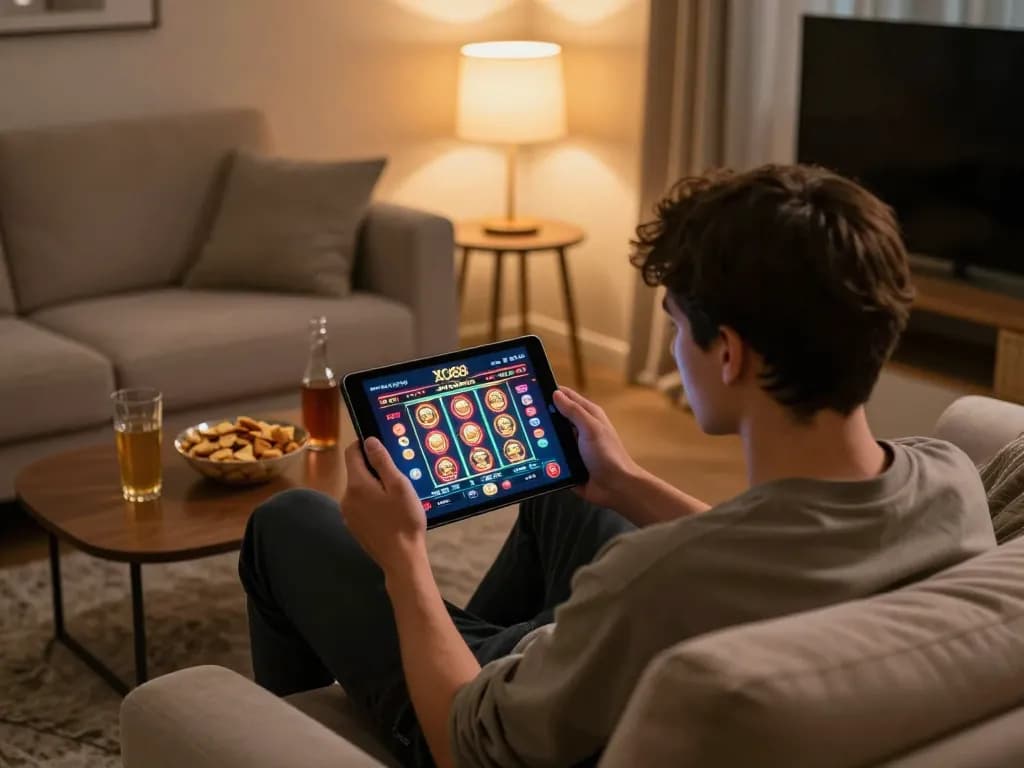 Engaging home gambling experience with XO88 casino app on tablet, highlighting online betting excitement