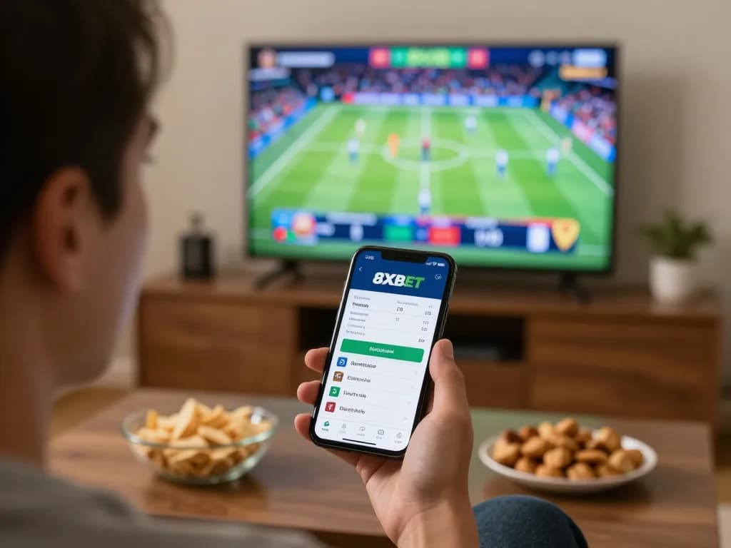 Engaging with live sports betting on the 8xbet app in a cozy home setting