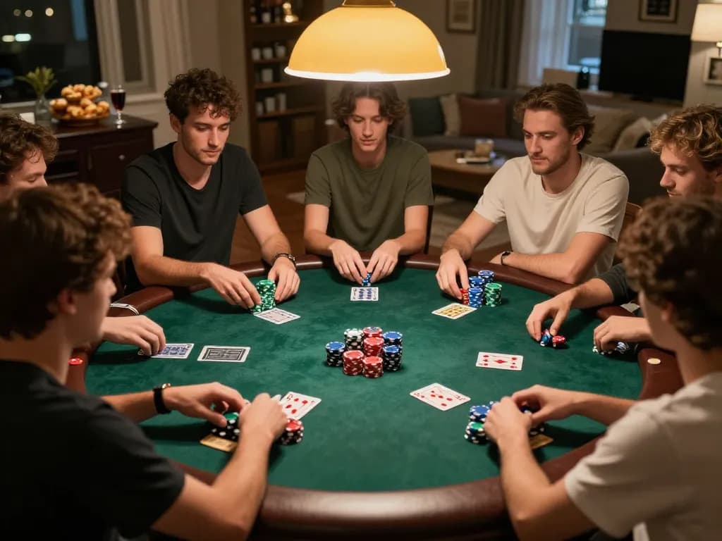 Players engaging in a friendly poker game at home, showcasing strategy and camaraderie, with lc88 branding implied.