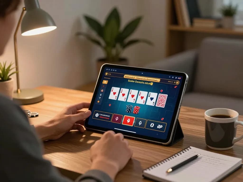 Playing poker on a tablet during cozy home gaming with 98win casino.