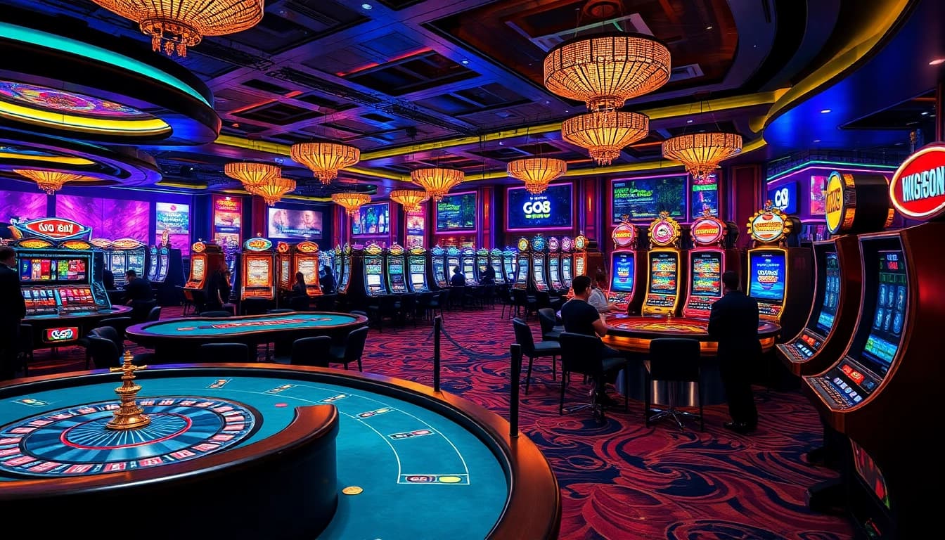 Exciting casino scene featuring GO 88 poker tables and vibrant roulette wheels.