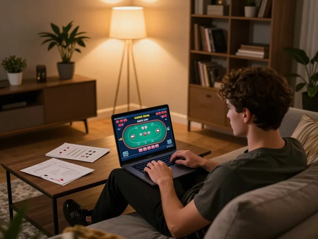 Player engaging in 9bet online poker, capturing the excitement of home gaming with strategy notes visible.