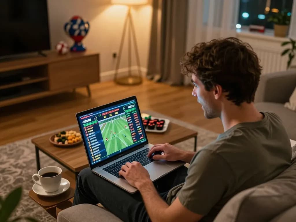 Engaged bettor analyzing MM88 sports odds from home with laptop and snacks