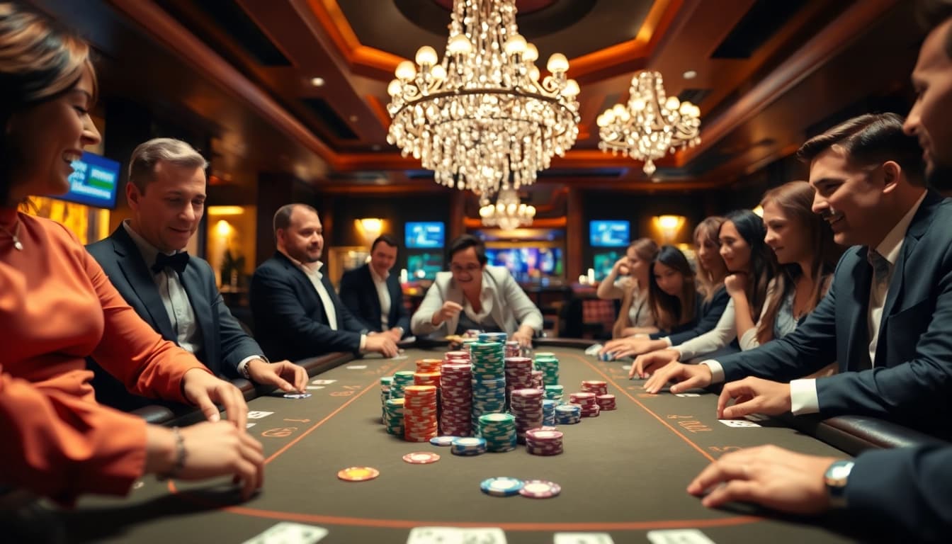Erleben Sie neue casino bonus ohne einzahlung an einem eleganten Pokertisch mit Spielern und Chips.
