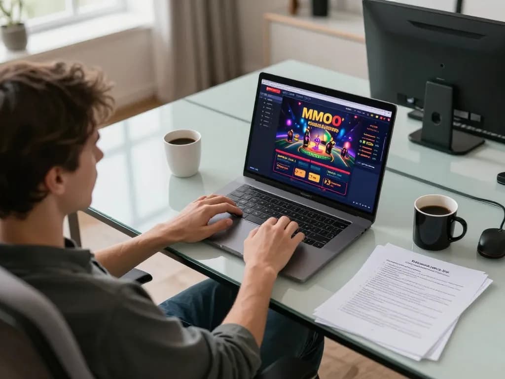 Player engaging with MMOO's online casino interface, showcasing a comfortable gambling setup