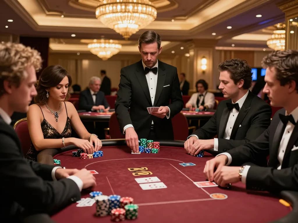 VT88 poker players strategizing bets at a luxurious Las Vegas casino game table.