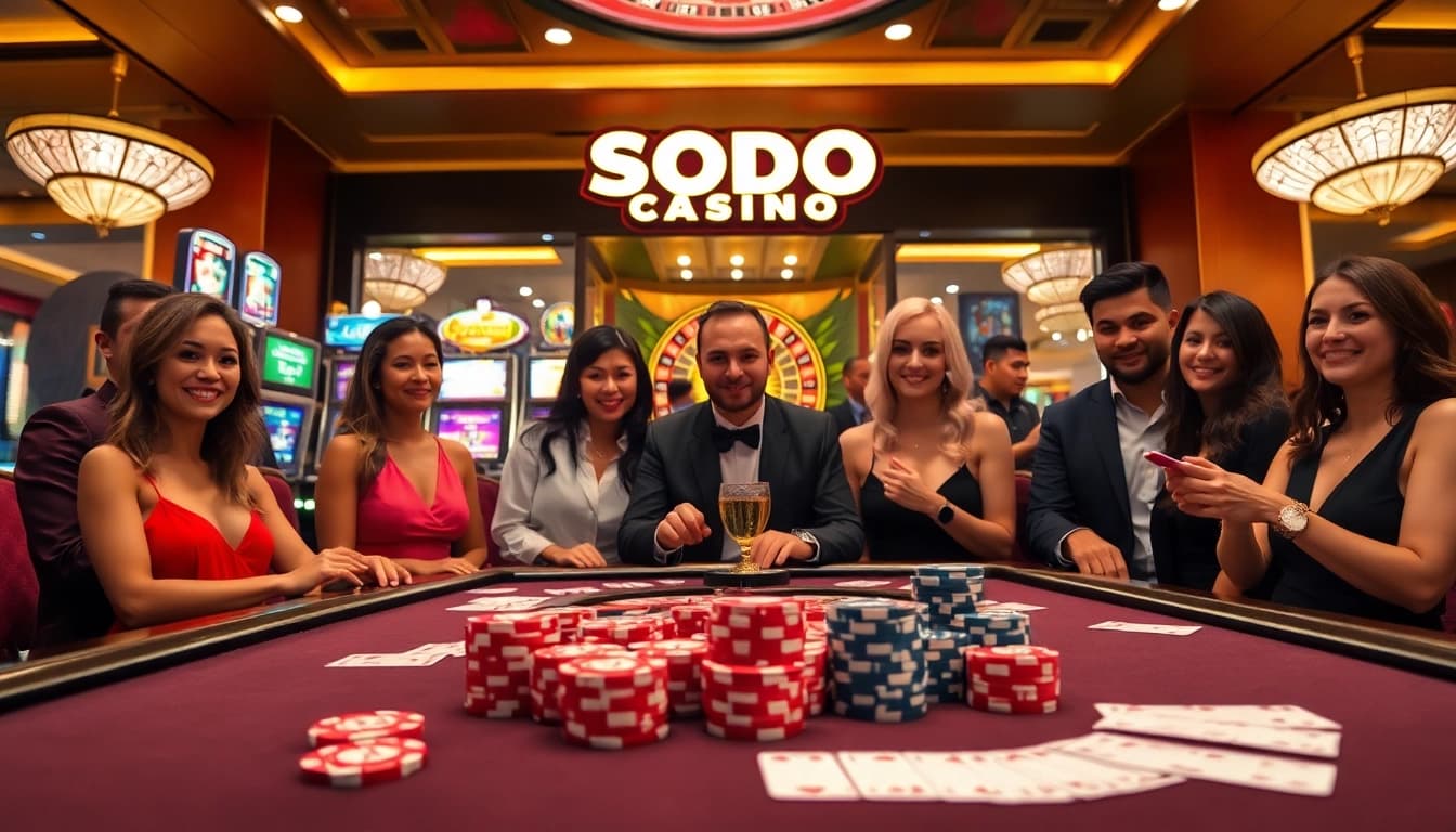 Experience the thrill of gaming at SODO CASINO with vibrant poker tables and slot machines.