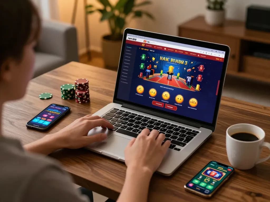Engaging online casino experience with nk88 gaming interface displayed on laptop during a cozy home session