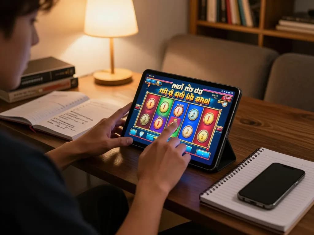 Engaged player exploring nổ hũ đổi thưởng on their tablet in a cozy home setup