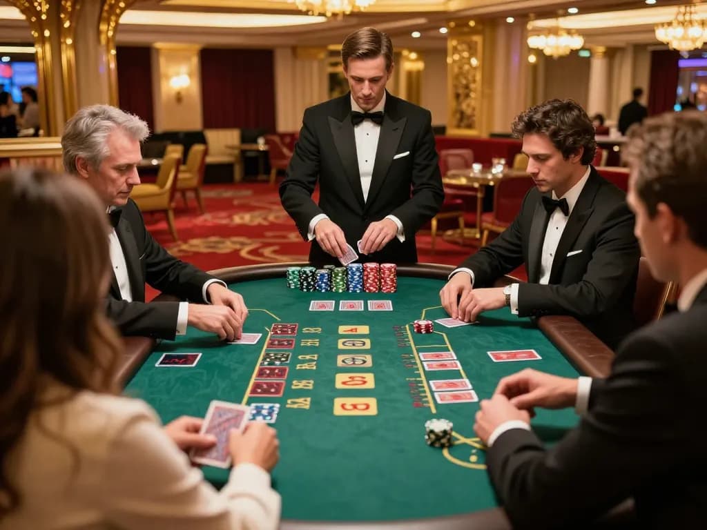 Players engaged in a high-stakes game at nhà cái SIN88 blackjack table, vibrant casino atmosphere.