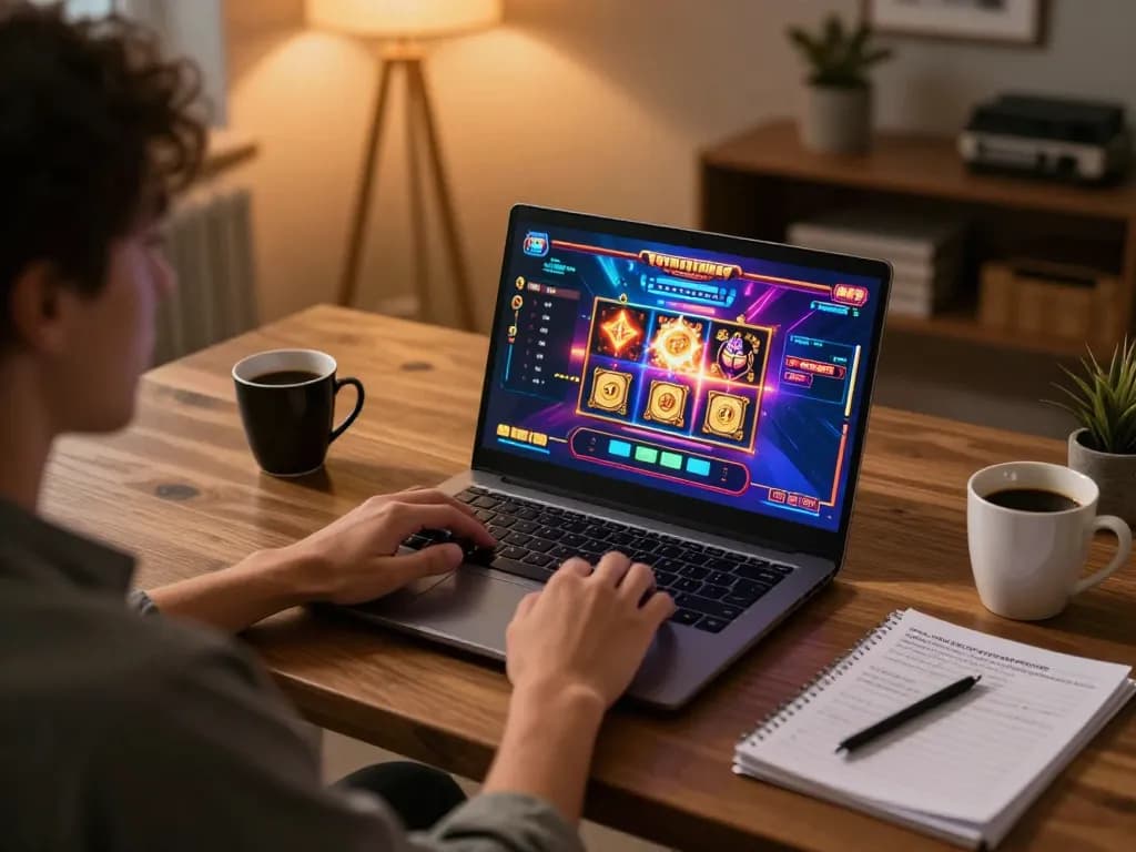 Experience exciting Slot Demo gameplay on a laptop in a cozy home office setting.