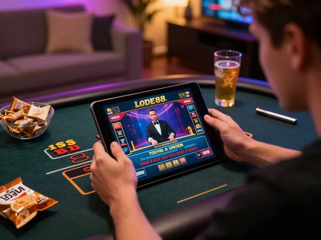 Engaging player using Lode88 online casino on tablet, showcasing live dealer game interface and personal gaming setup.